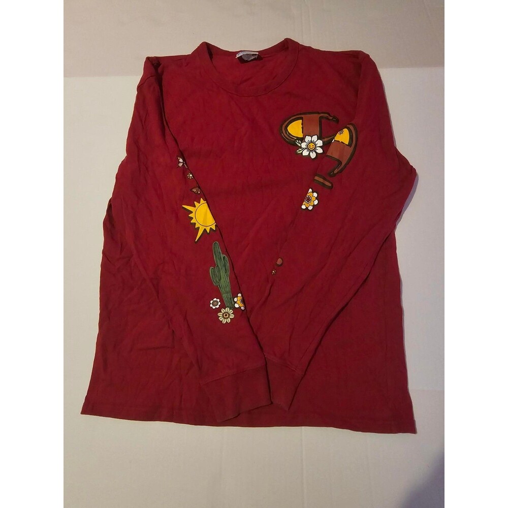 Champion Heritage Long Sleeve Shirt Mens Large Red Floral Cactus Graphic T3822